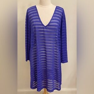 Pacific Beach Blue Purple Textured Mesh Striped Long Sleeve Beach Cover Up SZ 2X